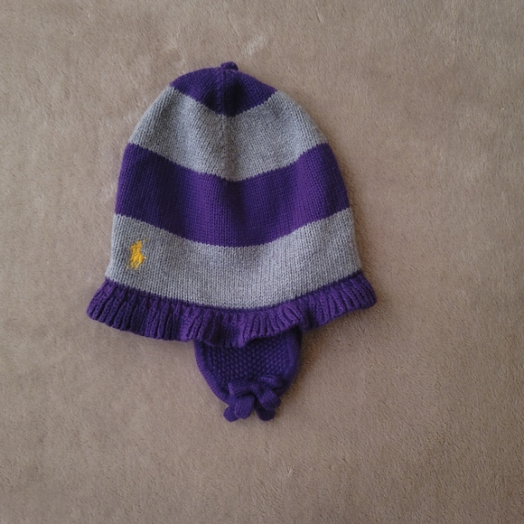 Ralph Lauren Girl Purple/Grey Striped Beanie with Ear Flaps Size 2T-4T - Picture 3 of 3
